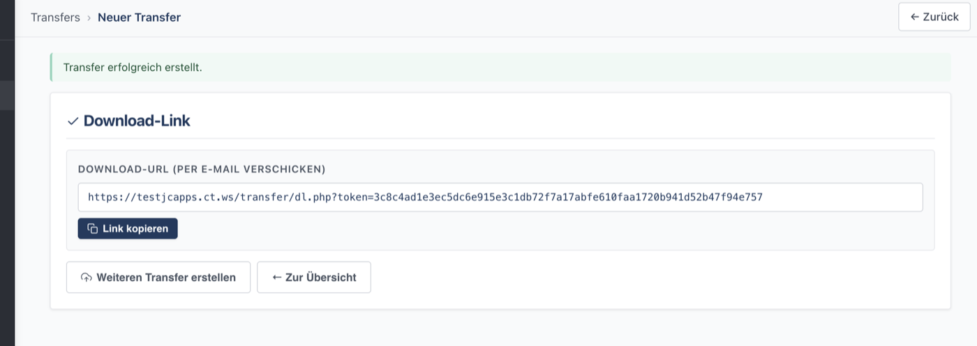 Transfer created — download link