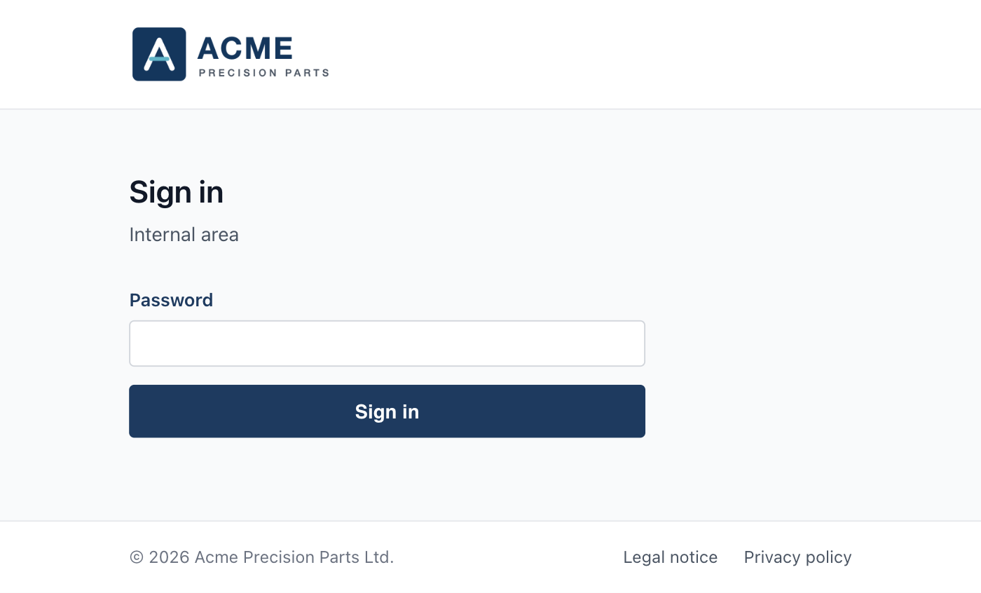 Admin sign-in page with company logo and legal links