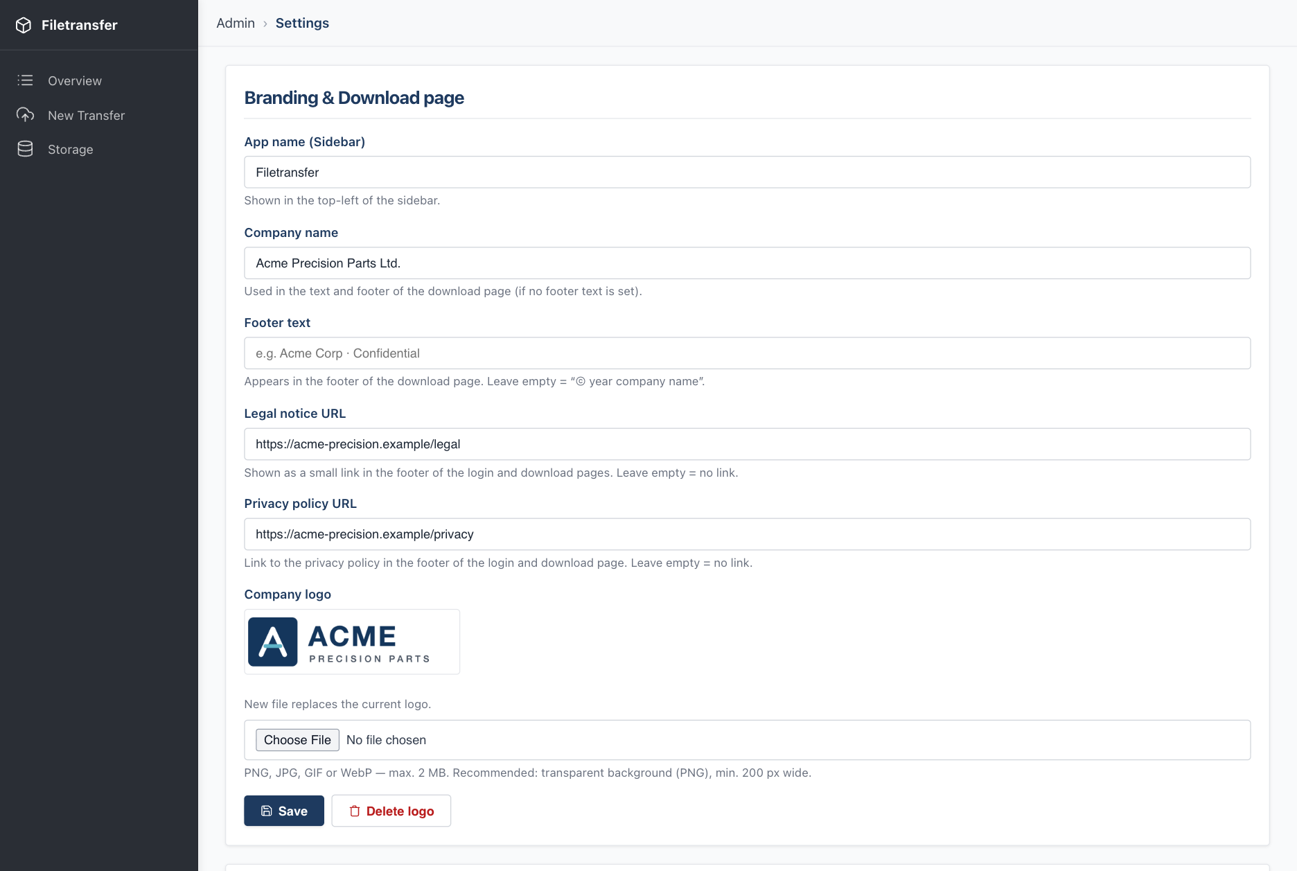 Settings — app name, company name, footer, legal links and logo