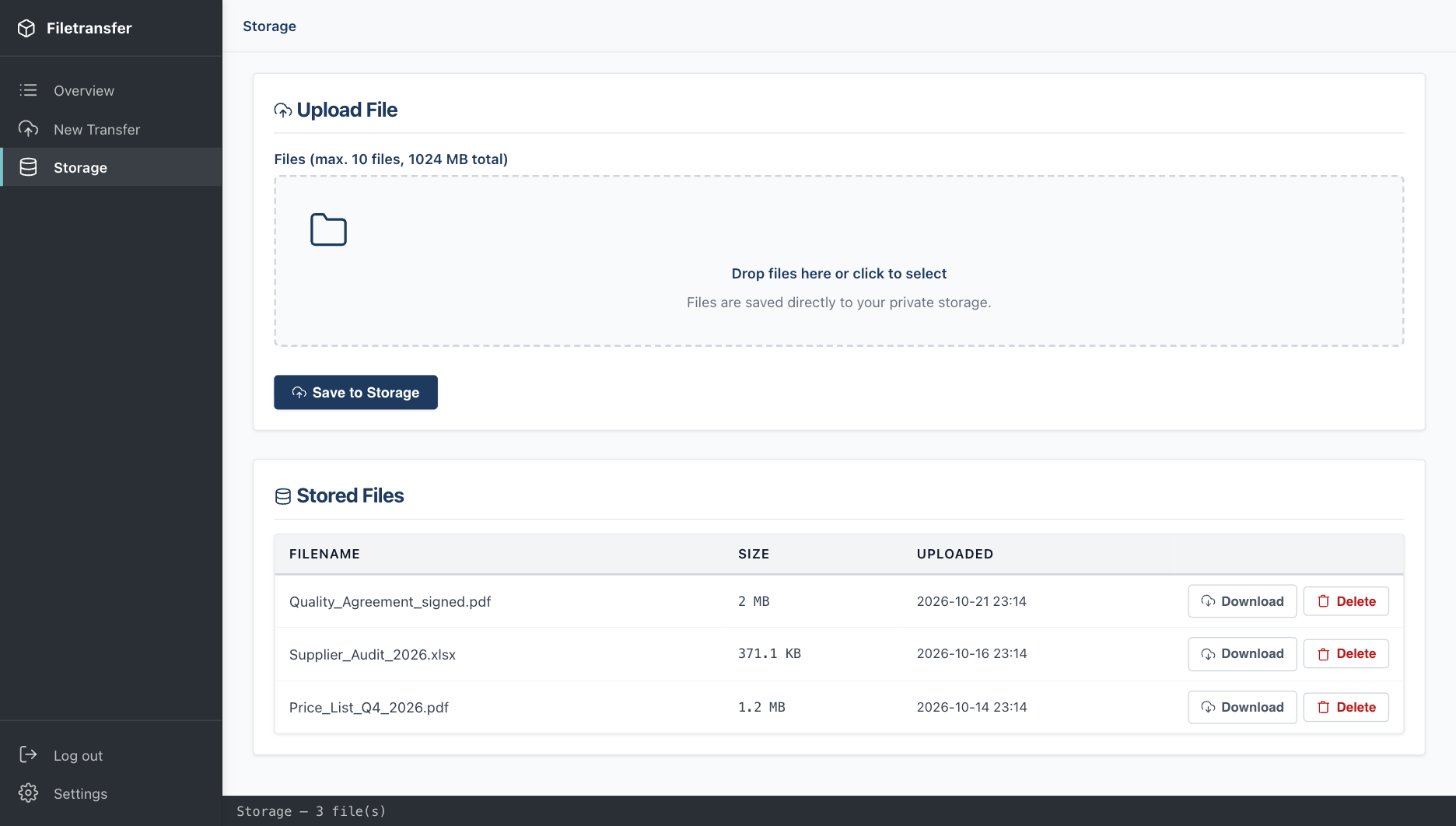 Private storage — files kept for the admin, downloadable directly