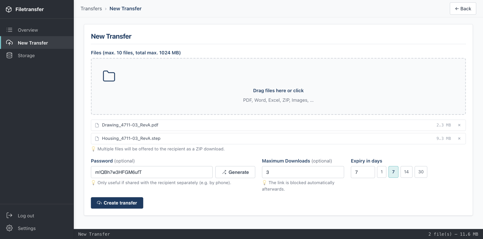 New transfer — files, optional password, download limit and expiry